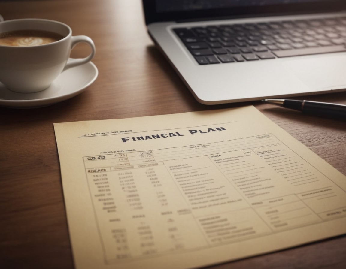 A printed financial plan beside a coffee cup and a laptop