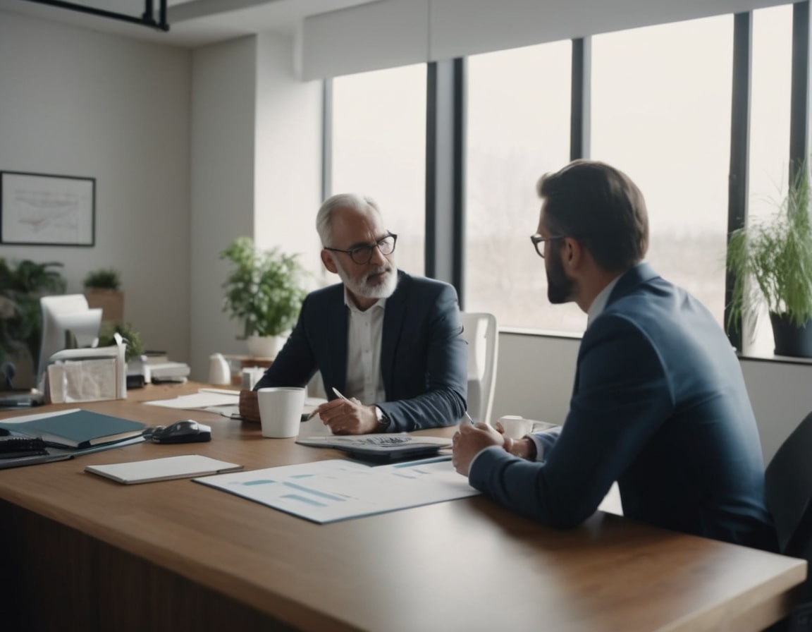 A financial advisor and a client reviewing documents at a conference table