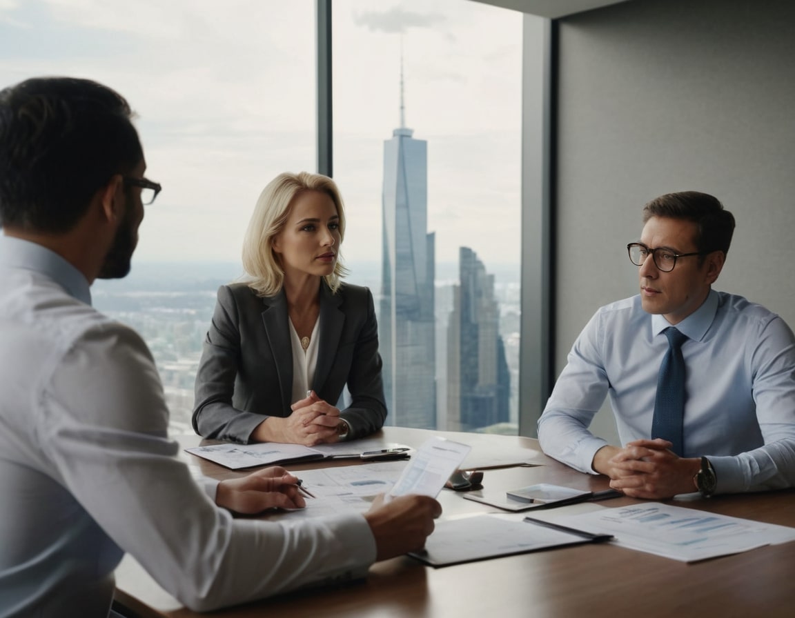 Three professionals meeting at a conference table with a city skyline behind them