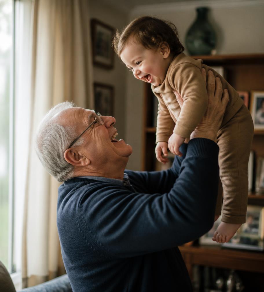 Grandfather lifting his laughing grandchild at home