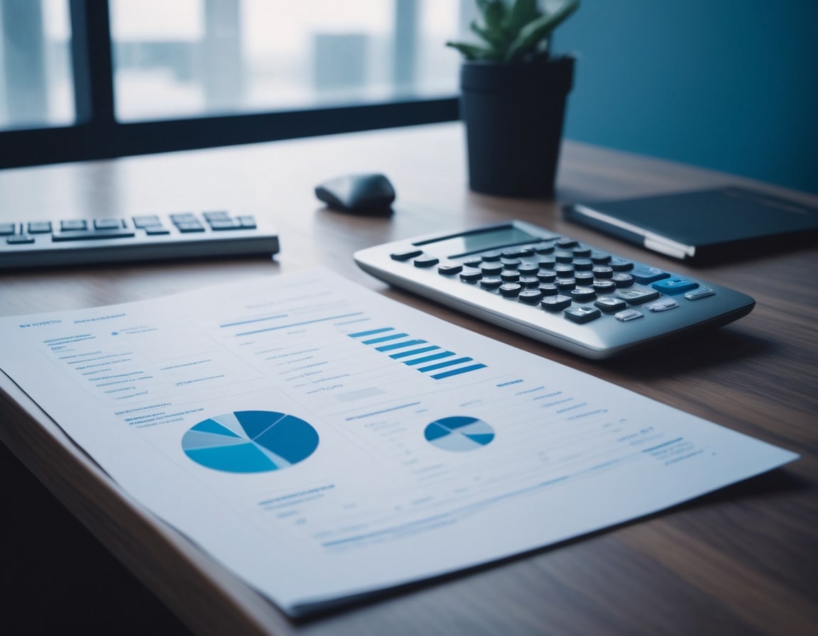 Calculator, charts and a notebook on a desk
