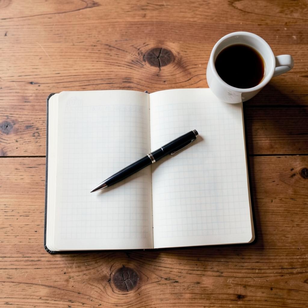 An open notebook, pen, and cup of coffee on a wooden desk